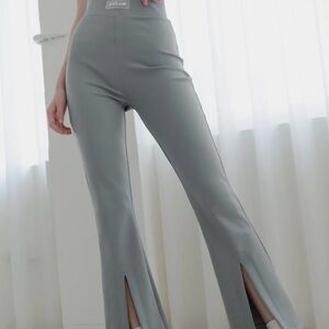 PET RESISTANCE form fitting High-Waist Grey Split-Hem Flare Pants